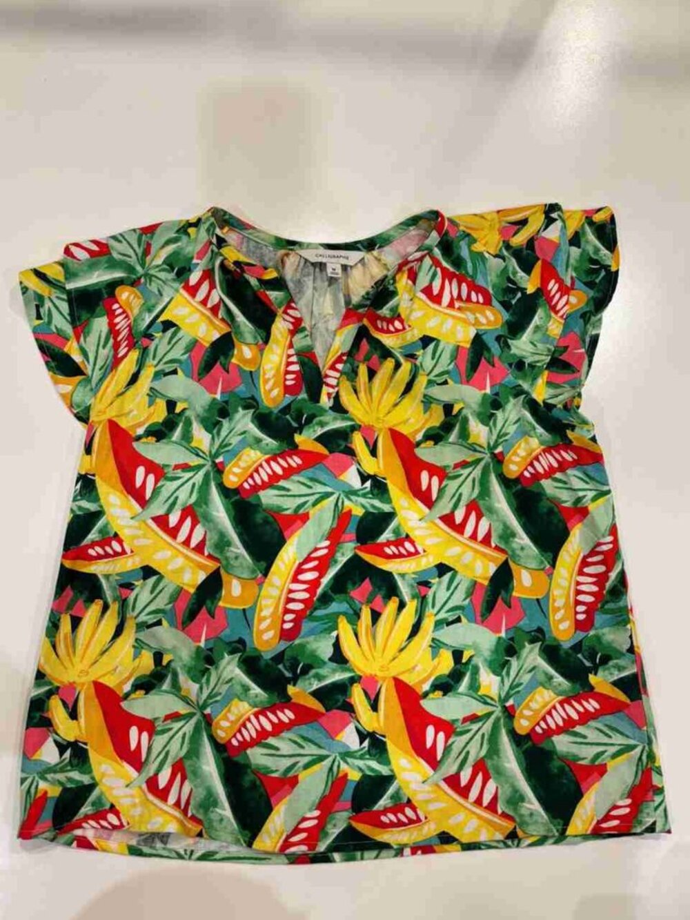 Tropical Fruit Print V‑Neck Short Sleeve Blouse